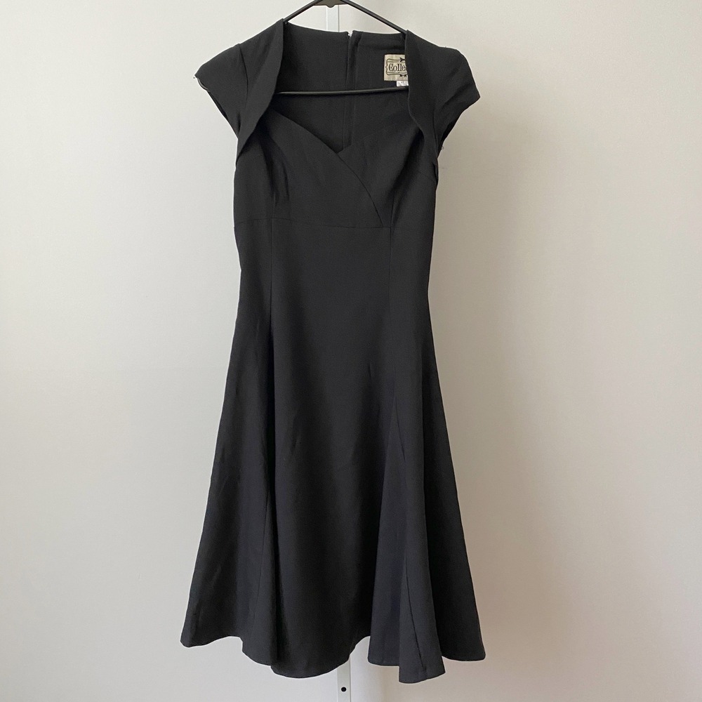 Collectif Office Siren Academia Fit & Flare Sweetheart Cap Sleeve Dress XS Black